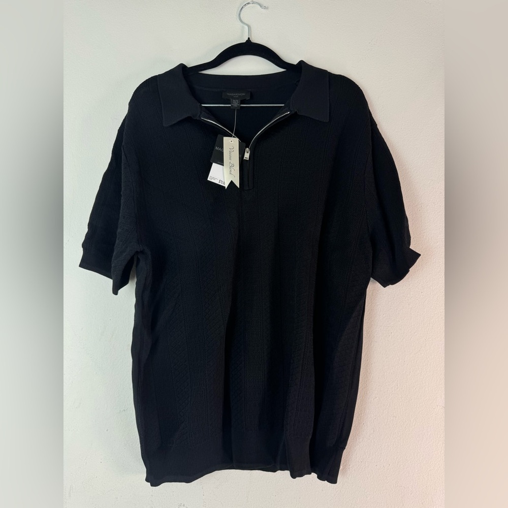 Magaschoni Man Quarter Zip Black Medium Short Sleeve Sweater Polo Top Shirt NWT